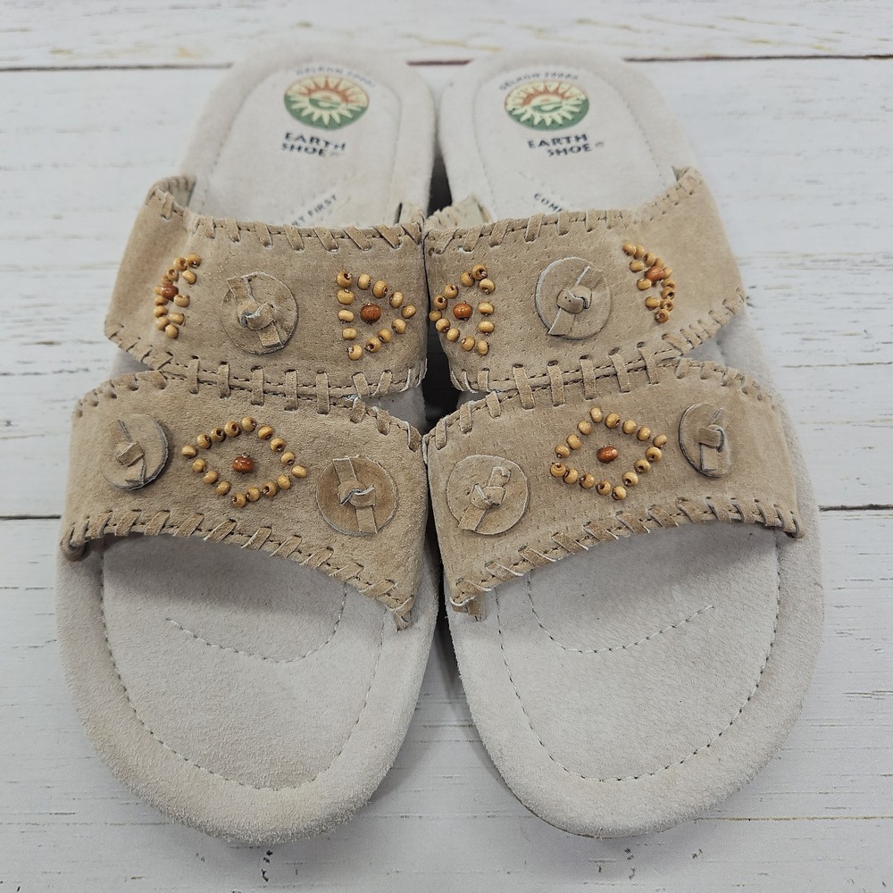 Earth Shoe Conway Slide Sandals Womens 10.5 Tan Suede Beaded Whipstitch Boho - Picture 3 of 11